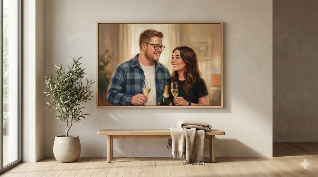 Canvas print in a minimalist room — oil painting portrait on the wall